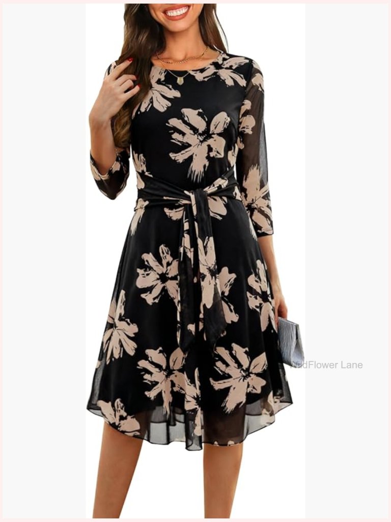 3/4 Sleeve Floral Midi Dress With Self Tie Belt Mesh Layer